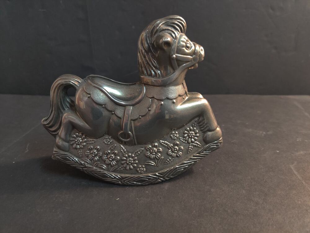 Vintage Metal Rocking Horse Figurine Piggy Bank Missing Stopper